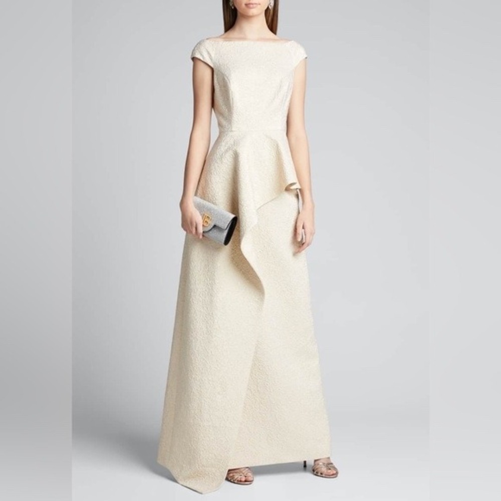 Teri Jon Rickie Freeman Champagne Bateau-Neck Asymmetric Peplum Jacquard Gown 12